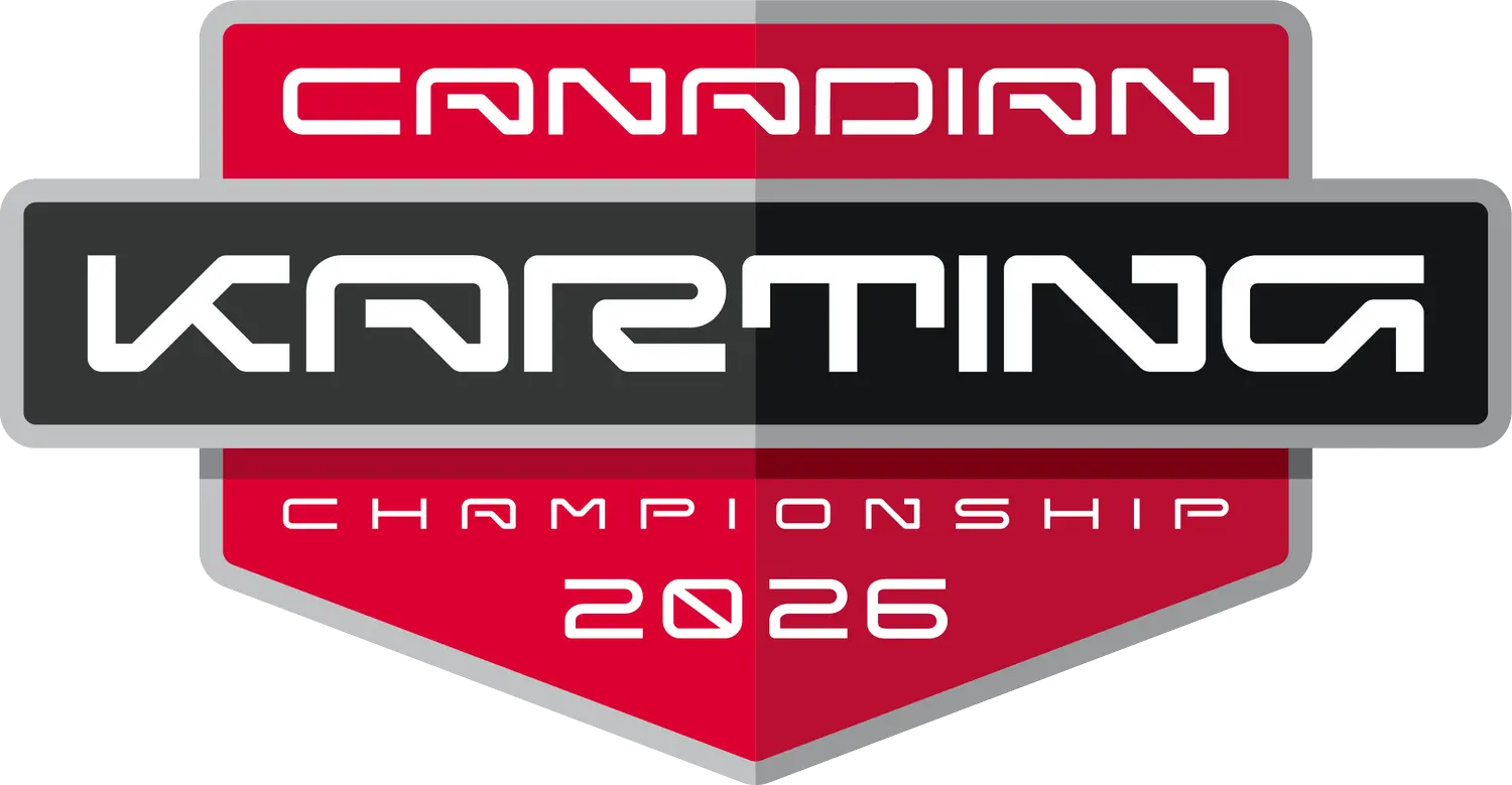 Logo badge for the 2026 Karting Championship with red banners, a dark central strip, and stylized white text Reading 'Karting Championship 2026'