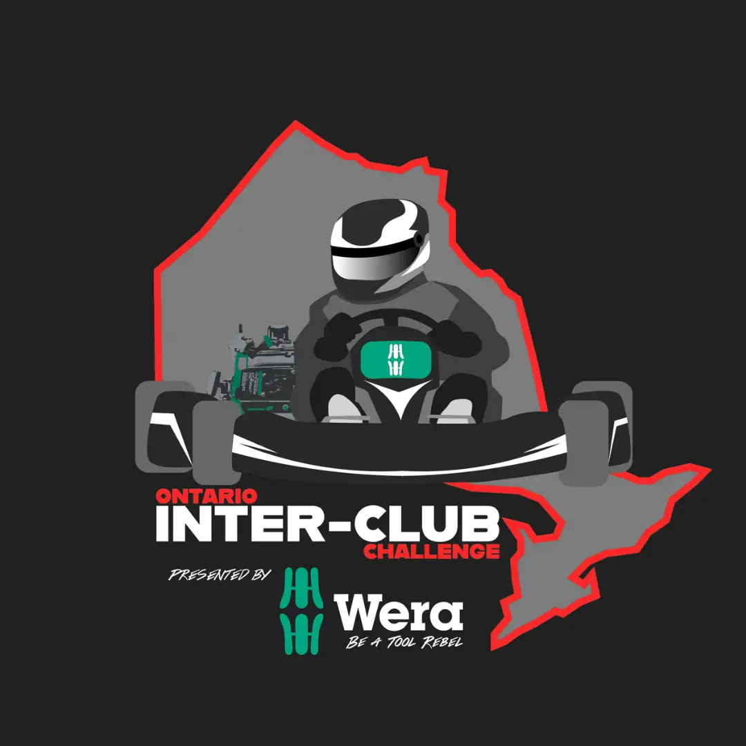 Go-kart racer in a helmet at the Ontario Inter-Club Challenge, with Wear sponsorship branding behind them.